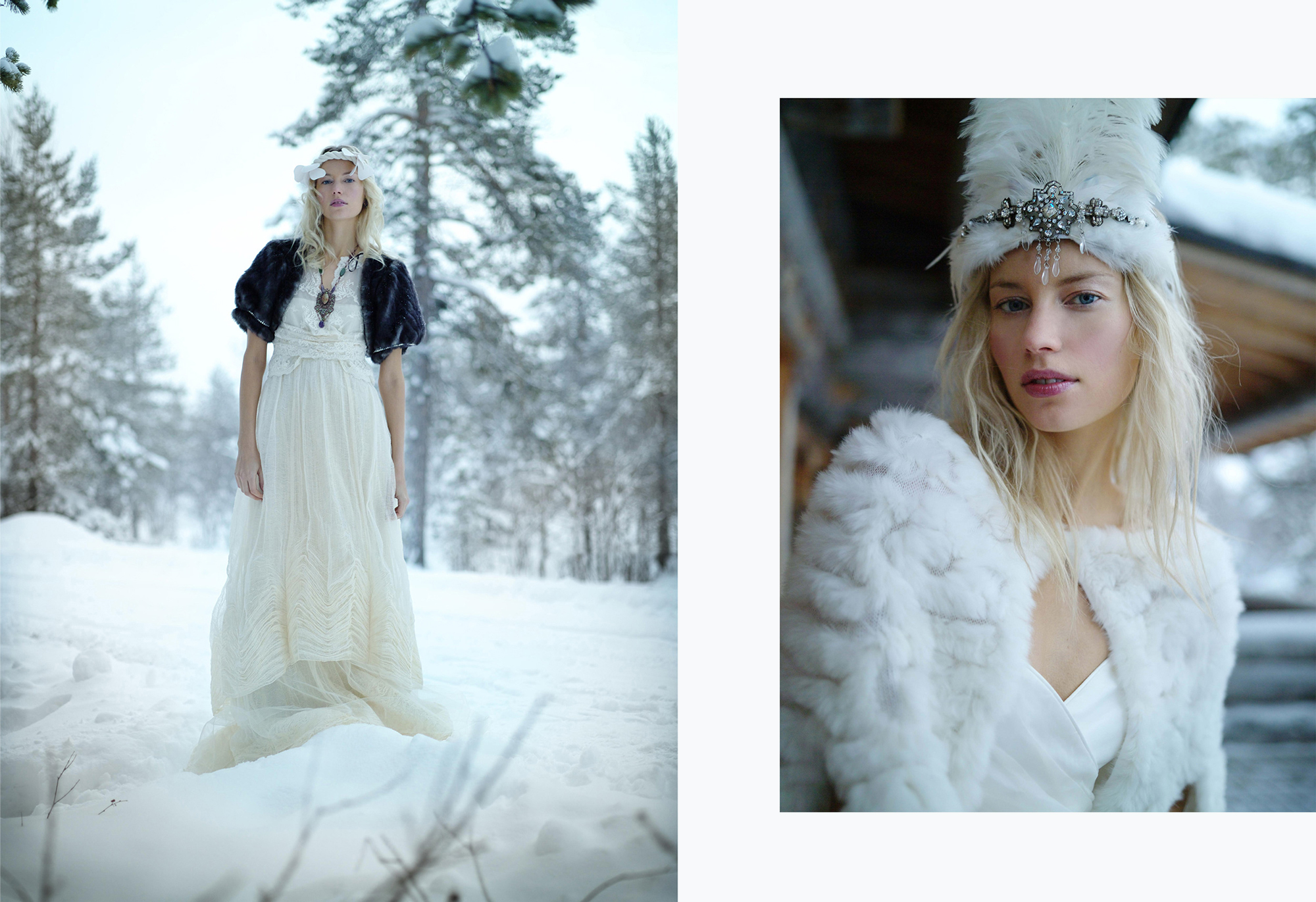 blond finnish model in he snow tlapland wearing white long bridal ball dress and winter fur coat with forest in the background