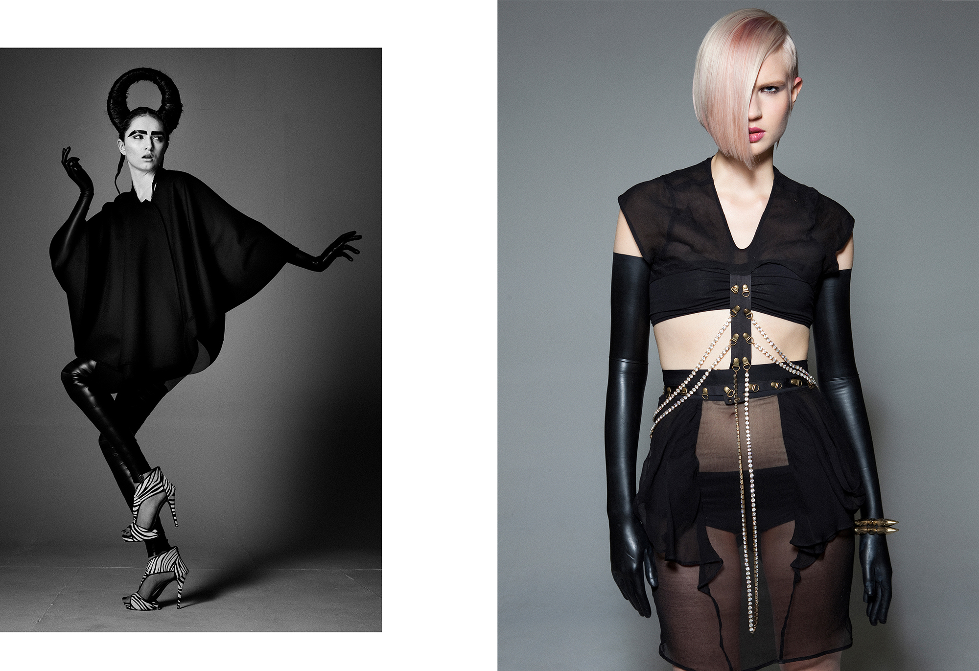 two models with black hair and string eyebrows wearing sexy edgy high fashion irish designers photographed in the studio